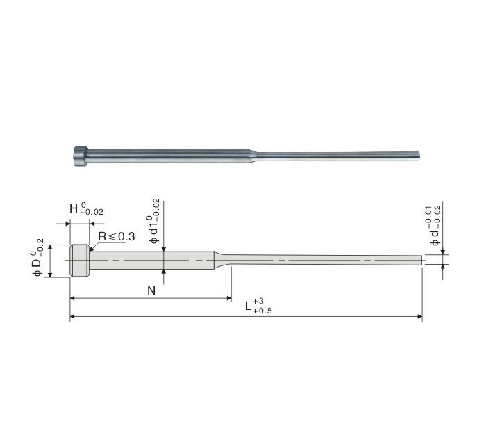 Engineering drawing of shoulder ejector pin with custom shoulder diameter, height, shank length, and concentricity ≤0.01 mm