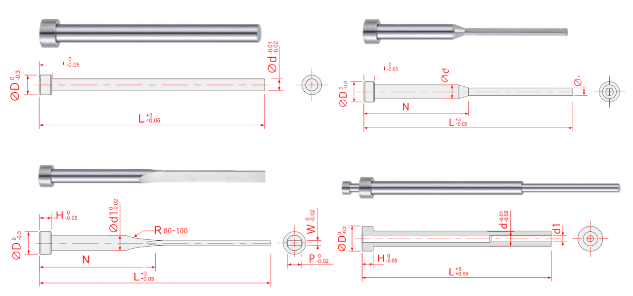 Ejector pin dimensions diagram showing diameter length and head dimensions
