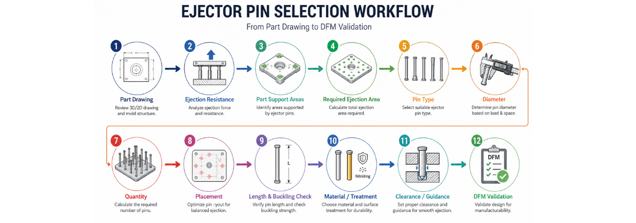 Ejector pin selection workflow from part drawing to DFM validation