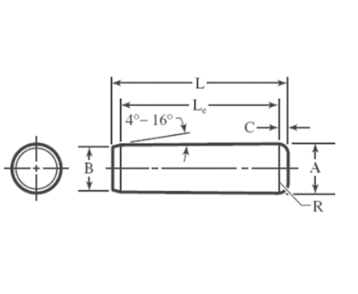 Line drawing of a precision cylindrical dowel pin showing locating surface