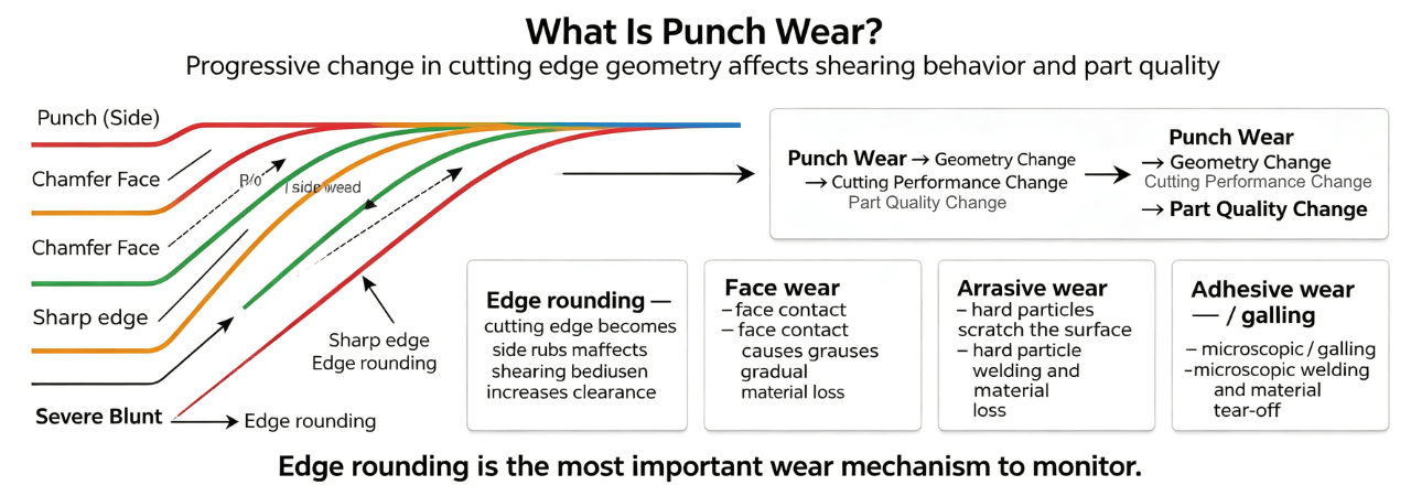 Punch edge rounding progression from sharp to worn cutting edge