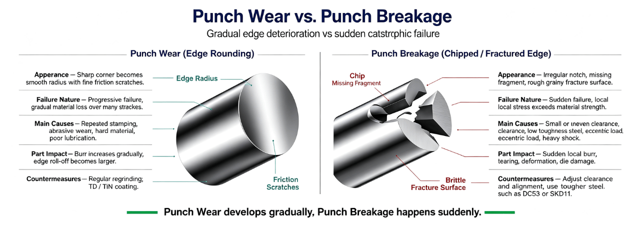 Punch wear vs punch breakage comparison rounded edge and chipped edge